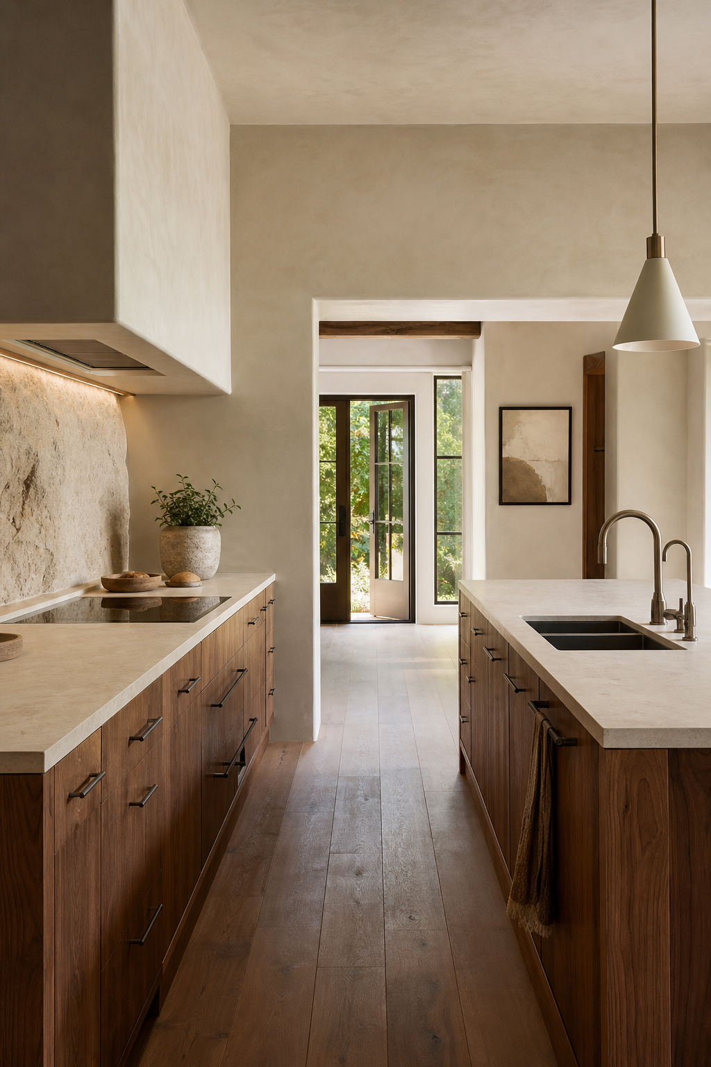 Modern kitchen with warm limewash walls, walnut cabinets, and stone counters