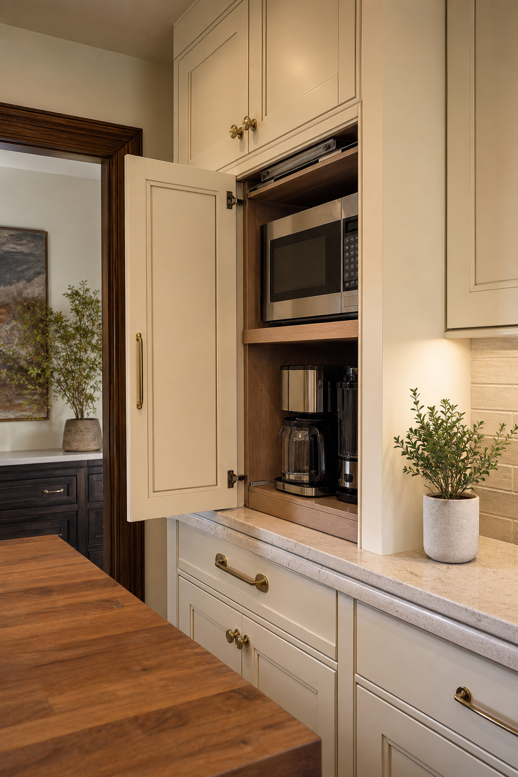 Small kitchen appliance garage hiding microwave and coffee maker