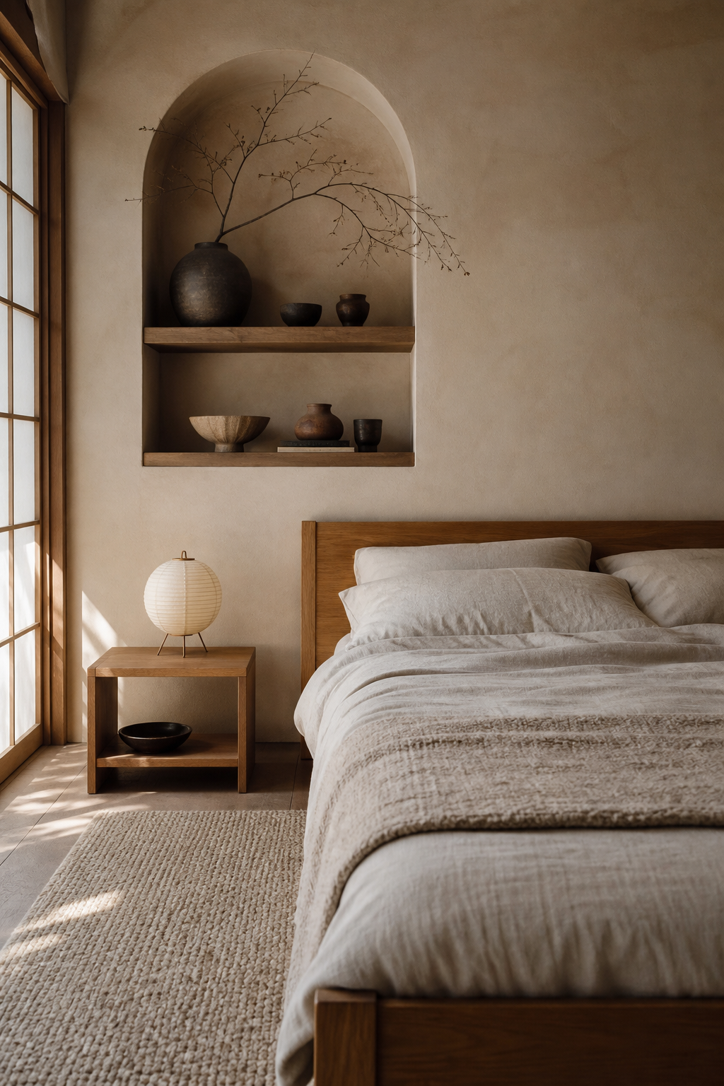 Japandi bedroom with carve Out an Arched Plaster Niche