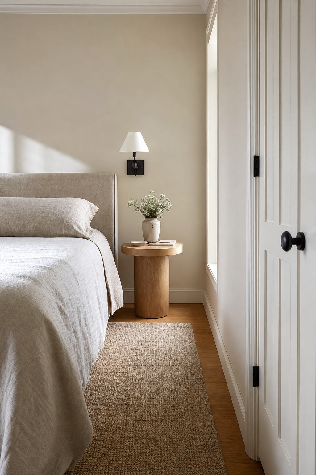 Small bedroom with round pedestal bedside table beside bed near closet door