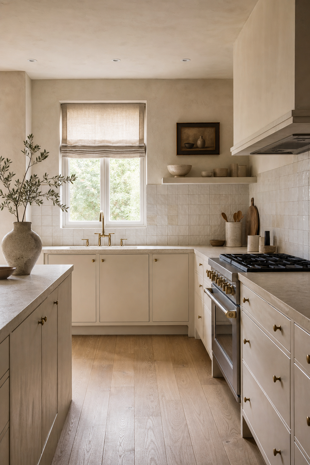 Tonal very small kitchen with cream plaster, ivory cabinets, limestone counter, and pale oak floor
