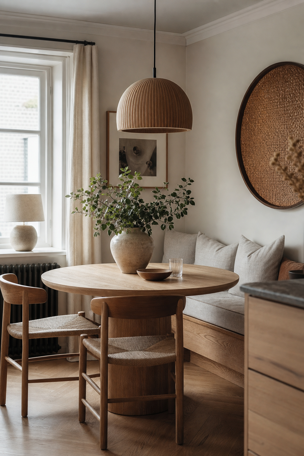 Cozy Scandinavian dining corner with pale oak table and warm pendant