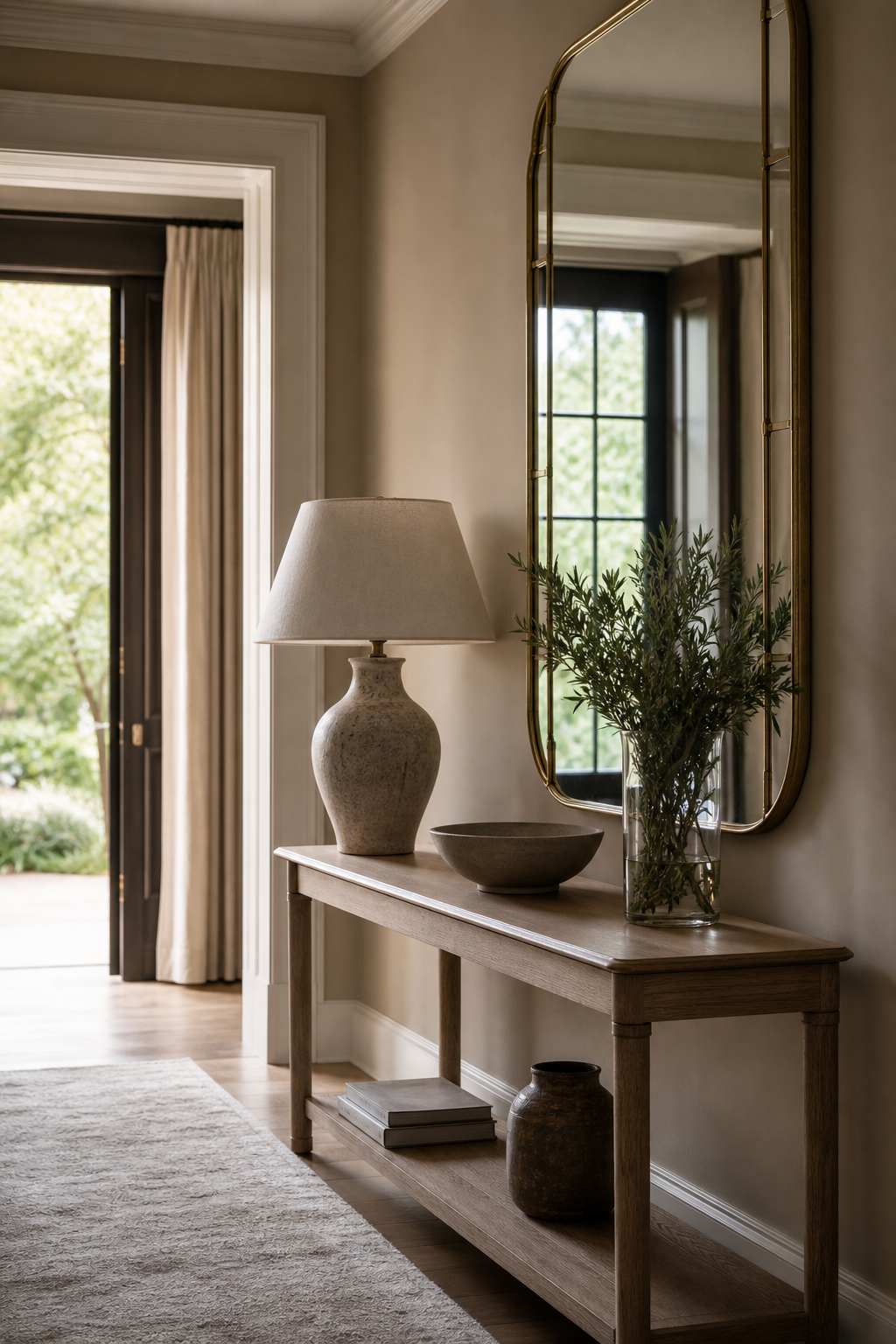 Luxury hallway with tall brass-framed mirror reflecting natural light, oak console, stone lamp, and textured runner