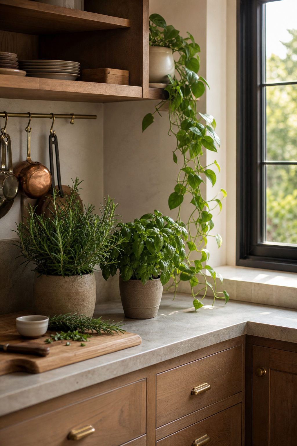 greenery with a useful mood in a warm functional kitchen