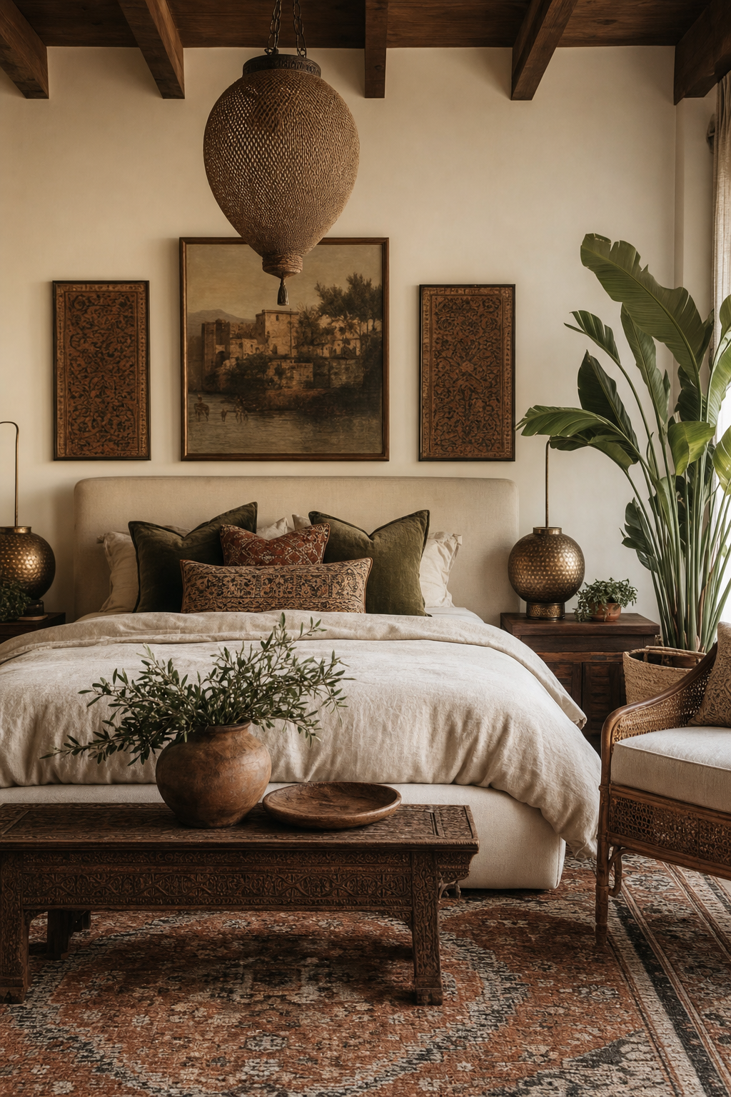 Bohemian luxe bedroom with patterned textiles, carved wood, and woven lighting