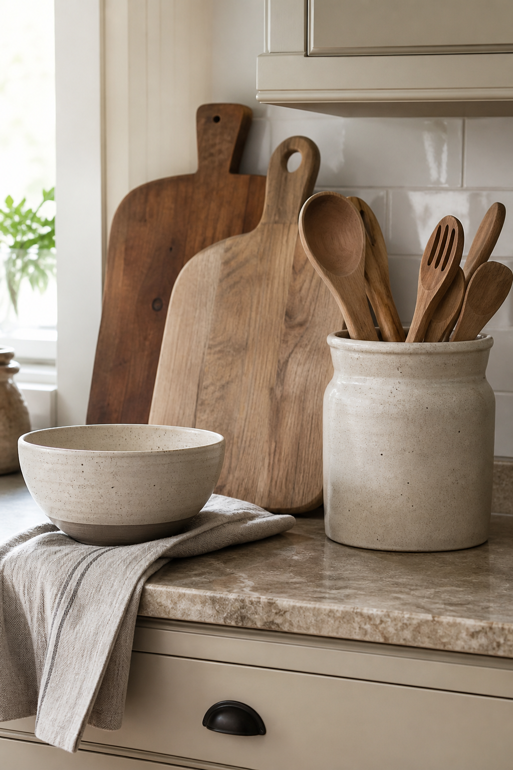 Useful simple styling on a modern farmhouse kitchen counter