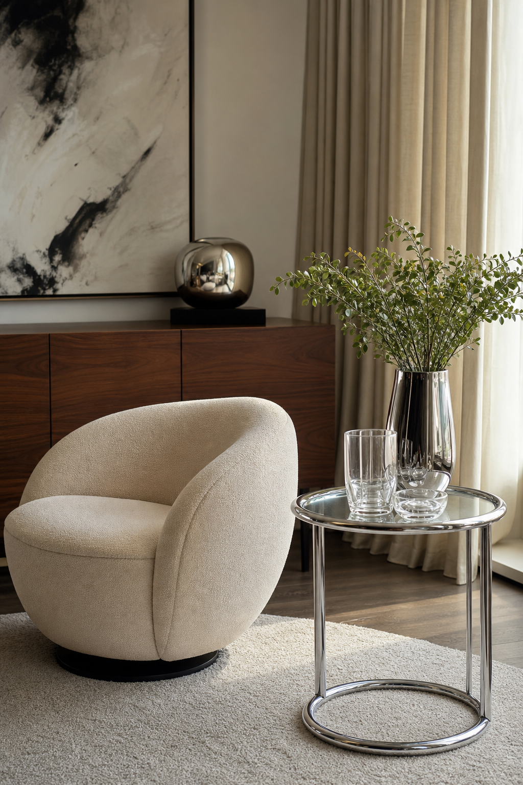 Glass and chrome accents balanced with warm modern textures