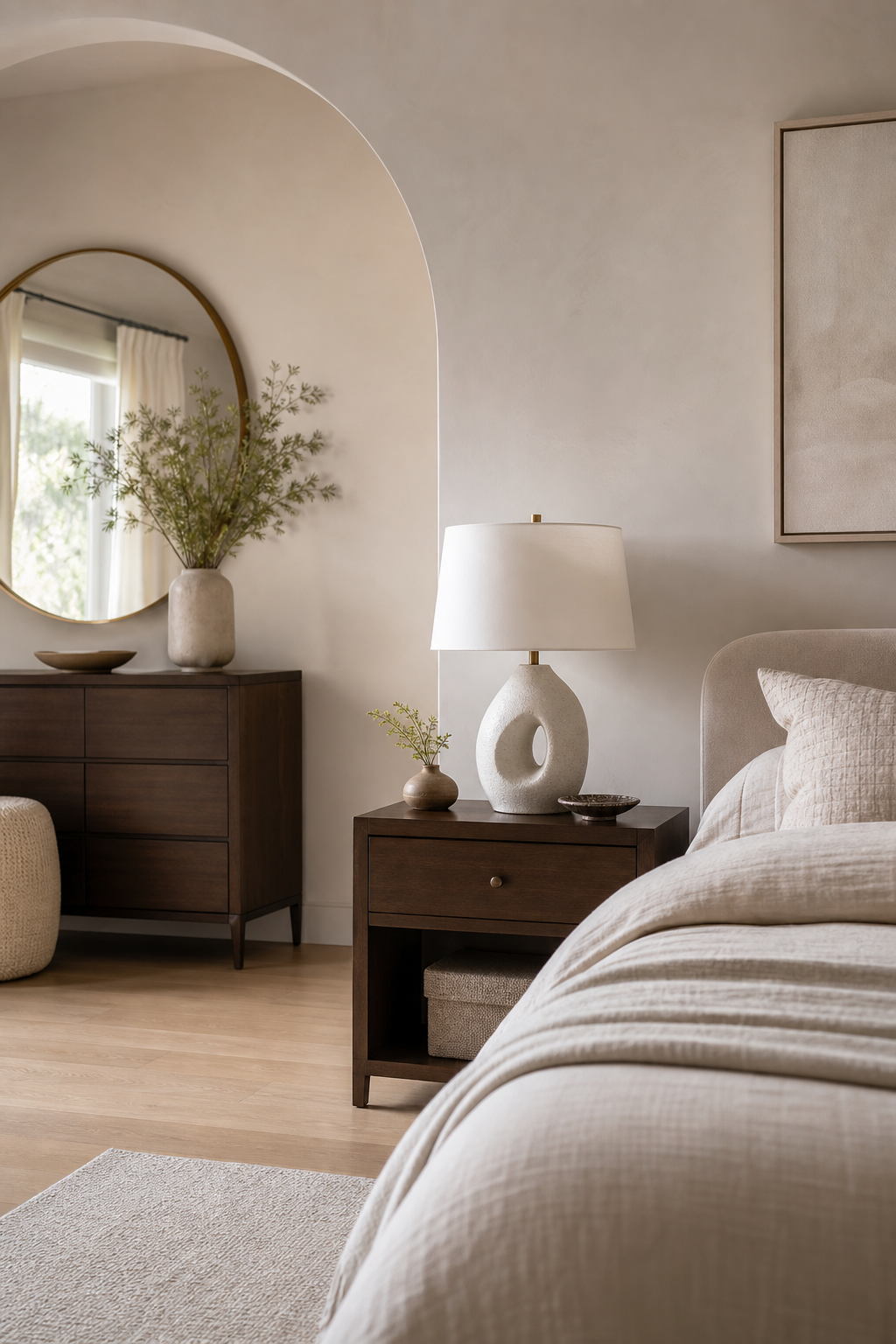 Rounded mirror and sculptural lamp softening a clean modern bedroom