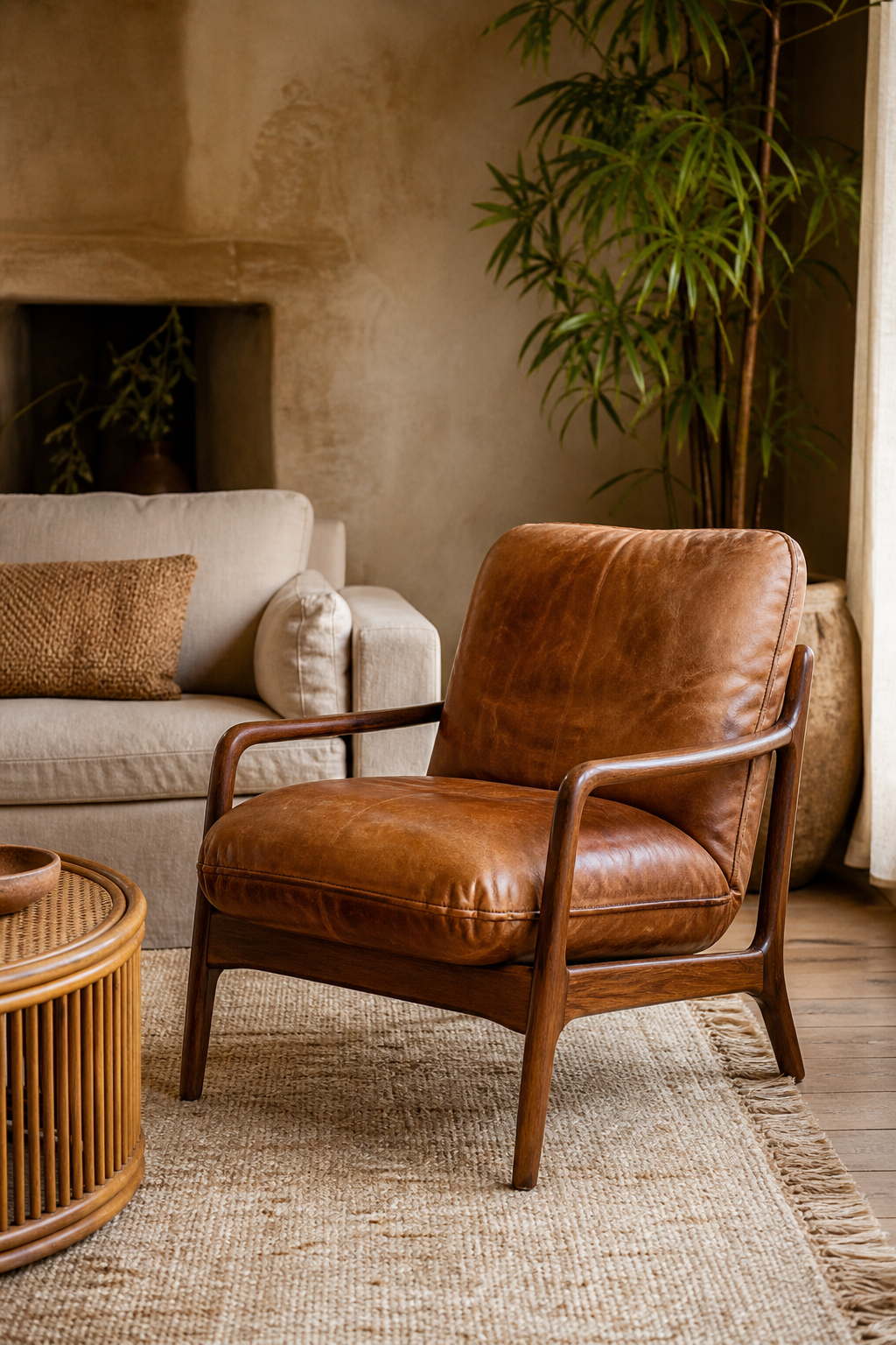Cognac leather chair adding warm contrast to a boho living room