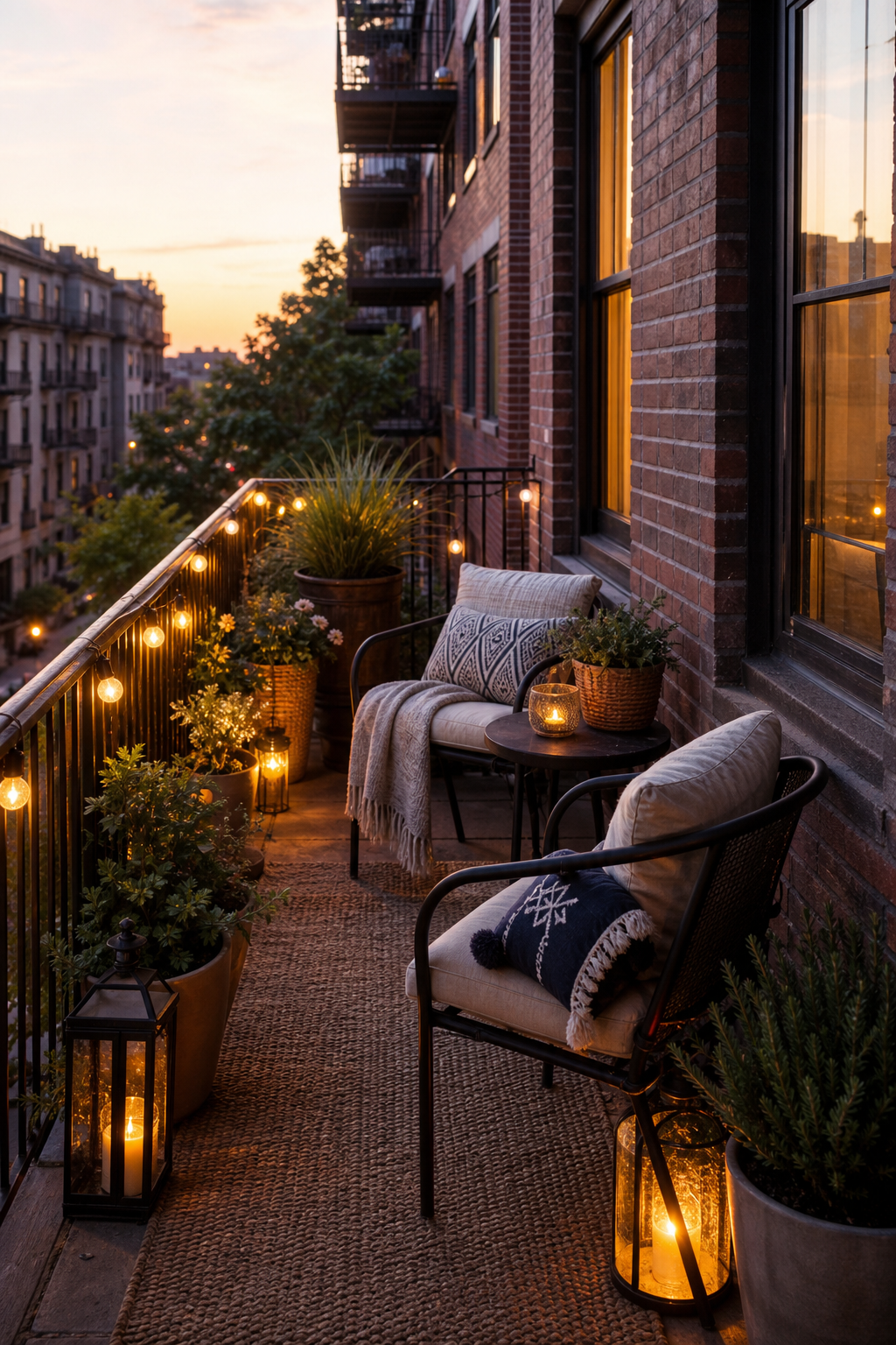 Small apartment balcony styled as a cozy outdoor room