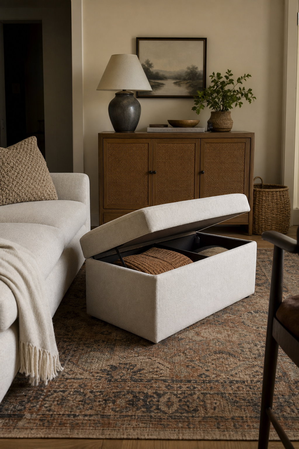 Small living room with stylish hidden storage furniture