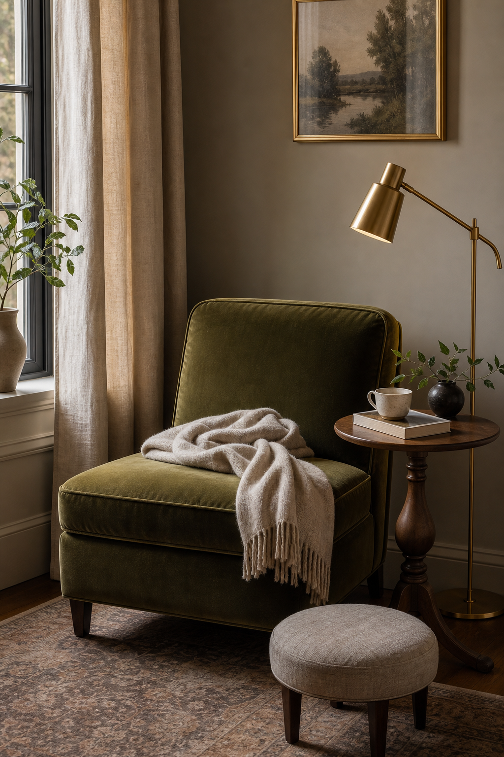 Compact small apartment reading corner with olive chair, floor lamp, and side table