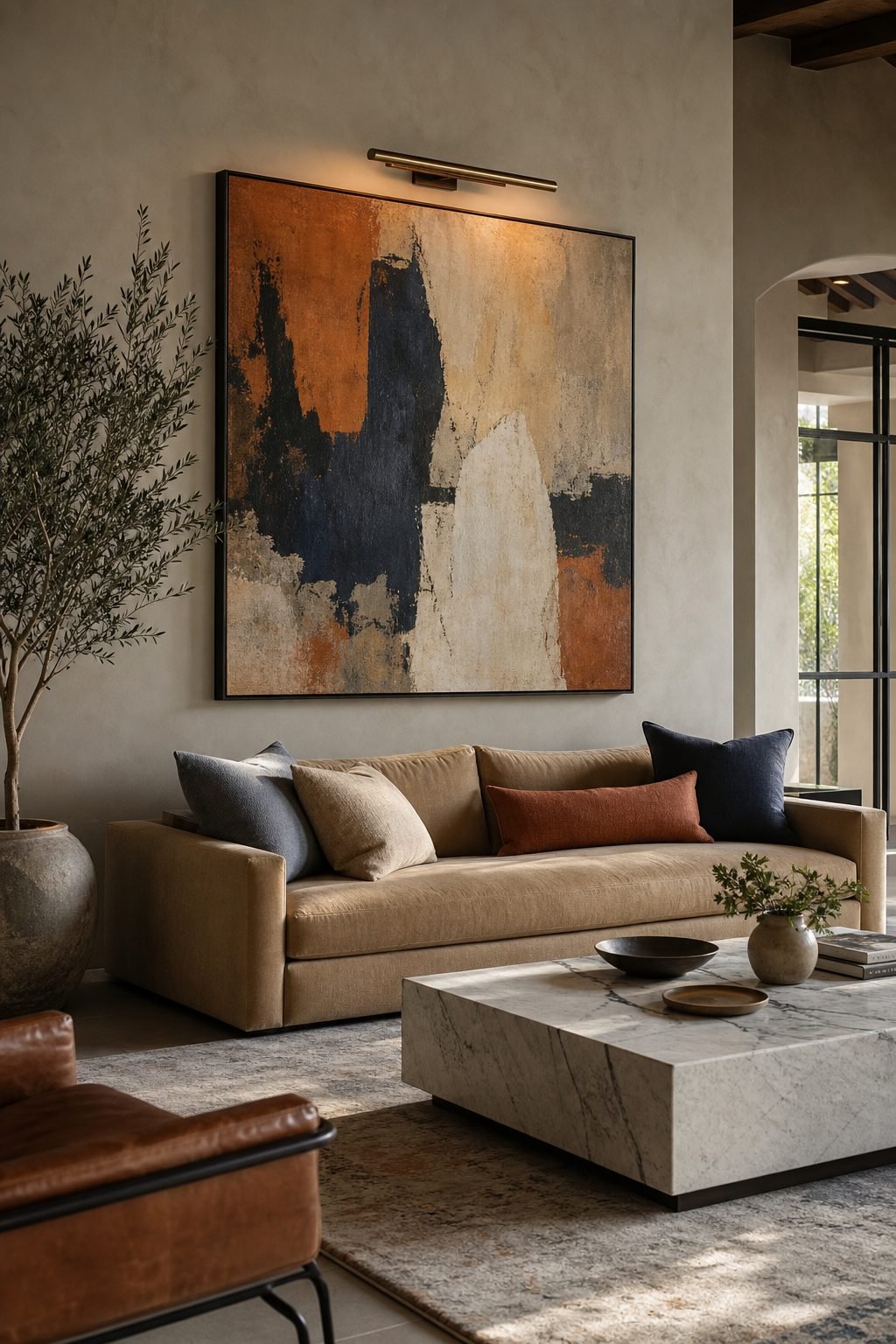 Camel 3 seater sofa styled beneath oversized abstract art in a refined living room