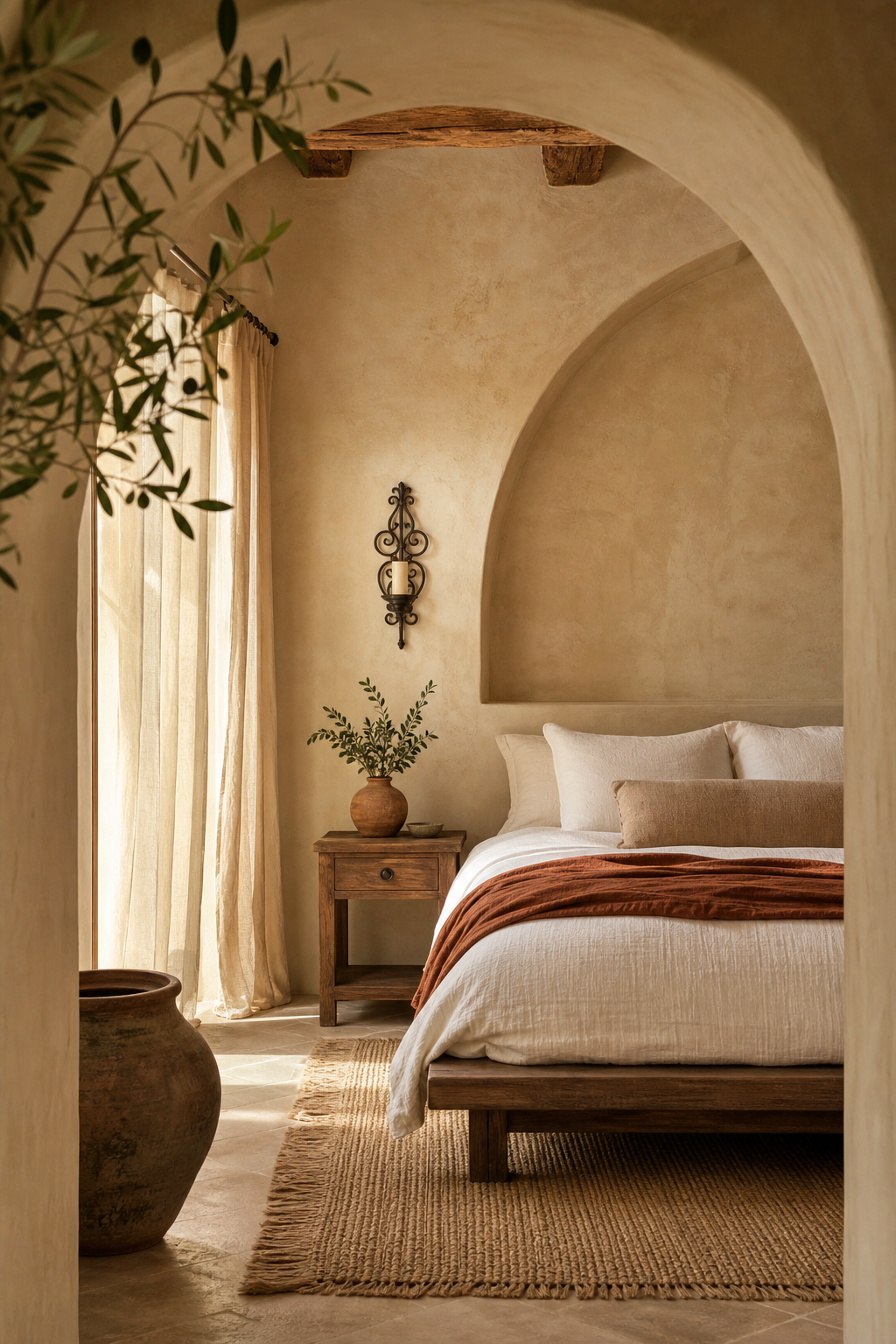 Mediterranean bedroom with lime plaster walls, arched niche, and terracotta accents