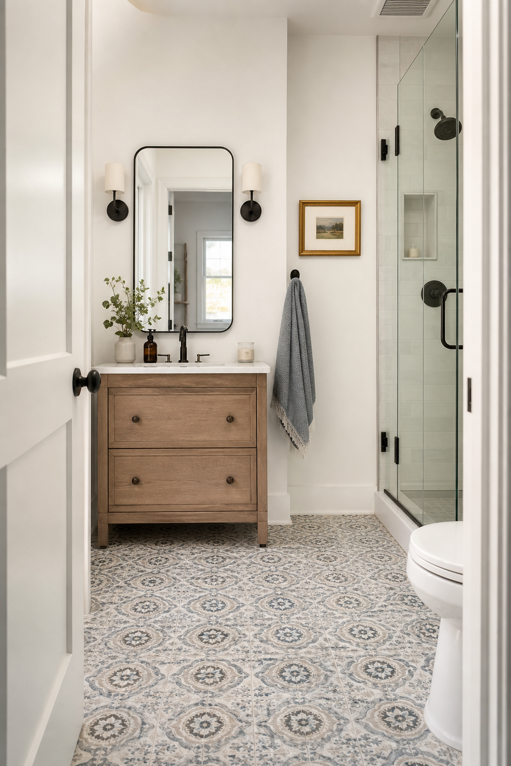 Small full bathroom idea with use pattern on the floor, not every wall