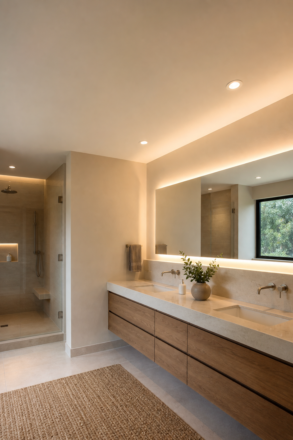 Modern bathroom with soft warm white ceiling and cohesive neutral finishes