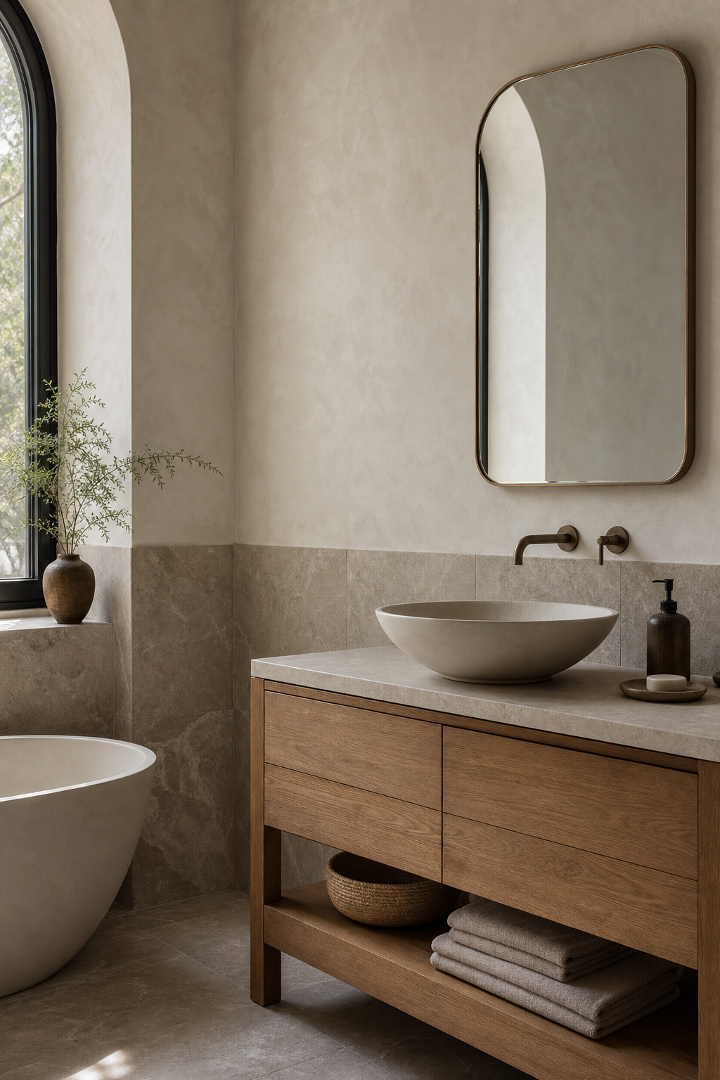 Bathroom with warm white plaster-look walls and oak vanity