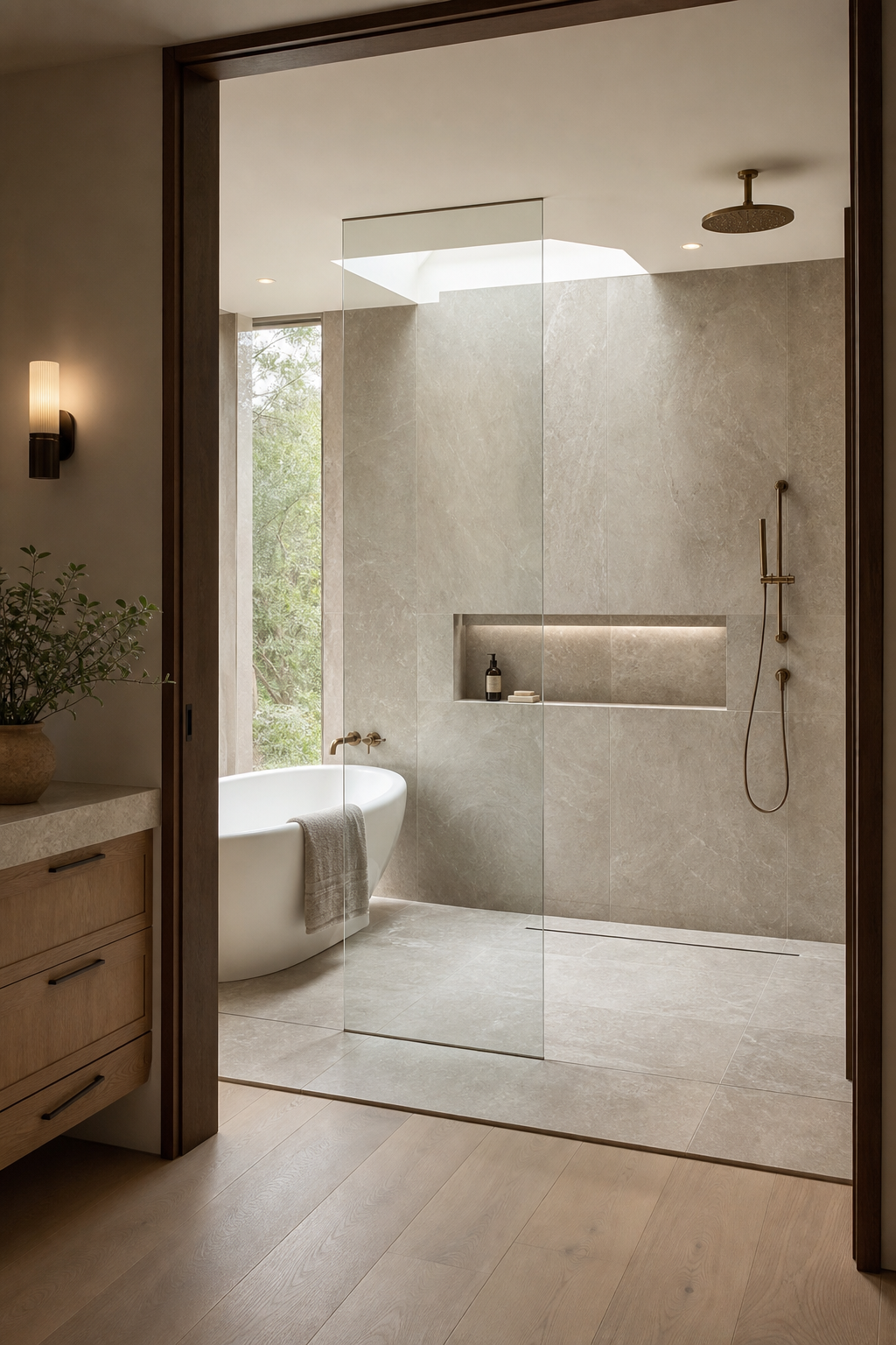 Modern wet room with freestanding tub, open shower, continuous stone tile, and glass panel