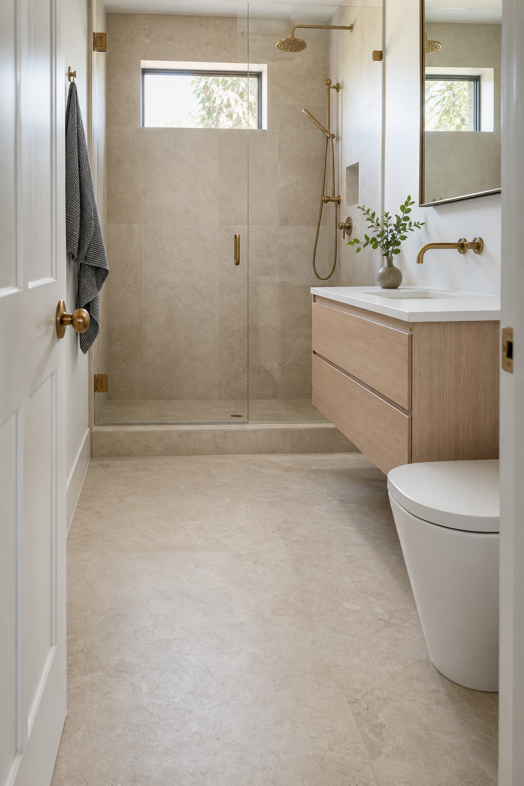 Small bathroom with continuous stone-look floor into the shower