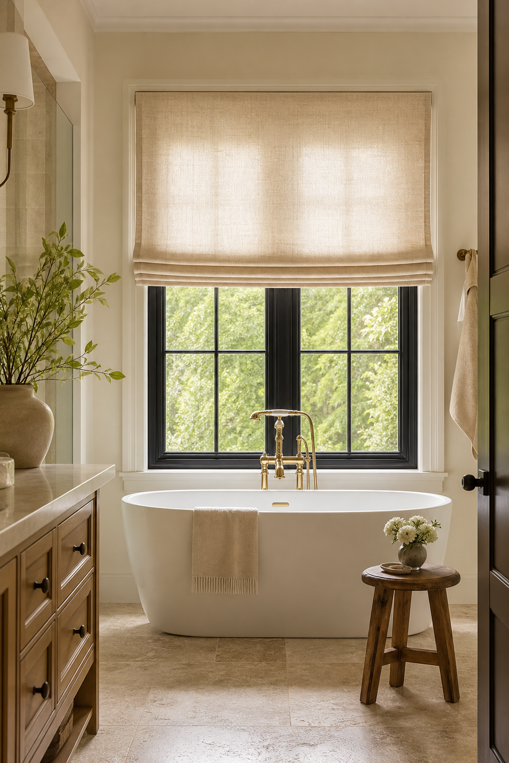 Soft roman shade in a spa-like master bath