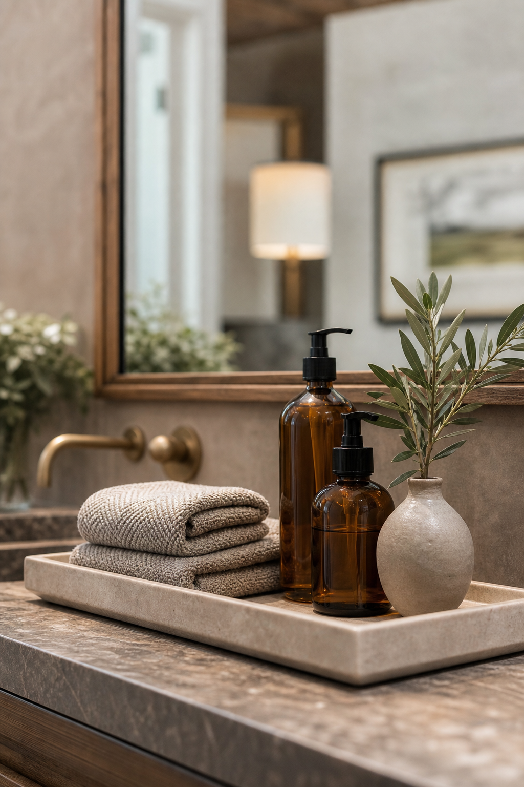 create a calm vanity tray in a cozy spa-like bathroom