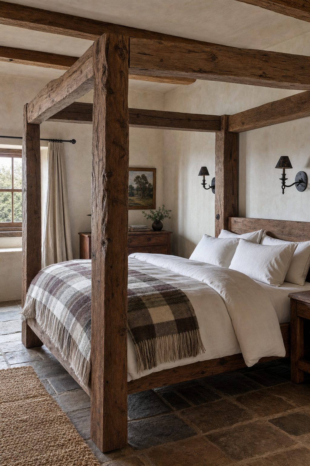 Rustic reclaimed wood canopy bed in a refined country bedroom