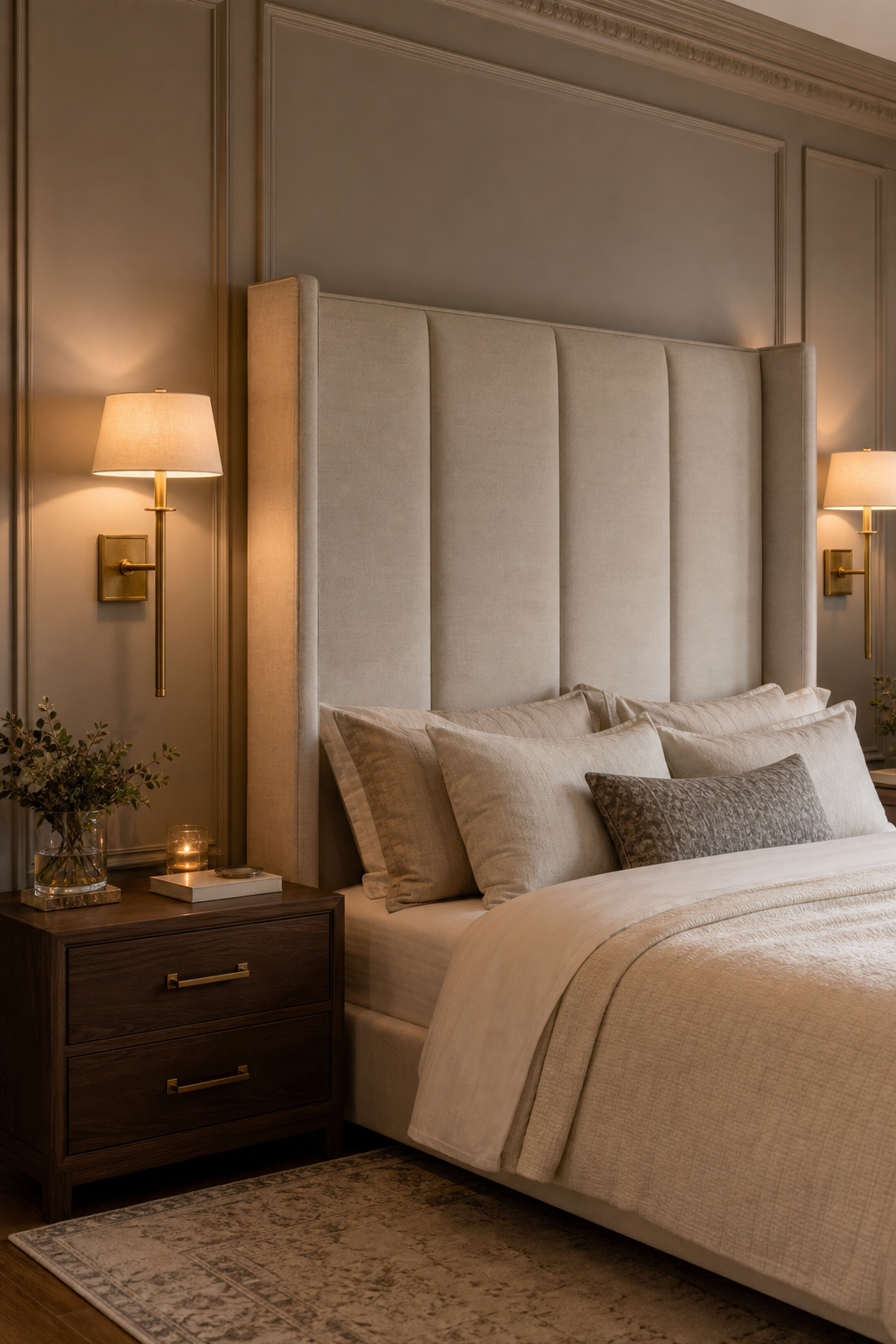 Bedroom wall sconces freeing space on cozy styled nightstands