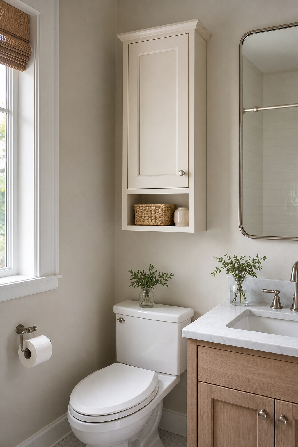 Narrow wall-mounted cabinet adding closed storage to a tiny bathroom