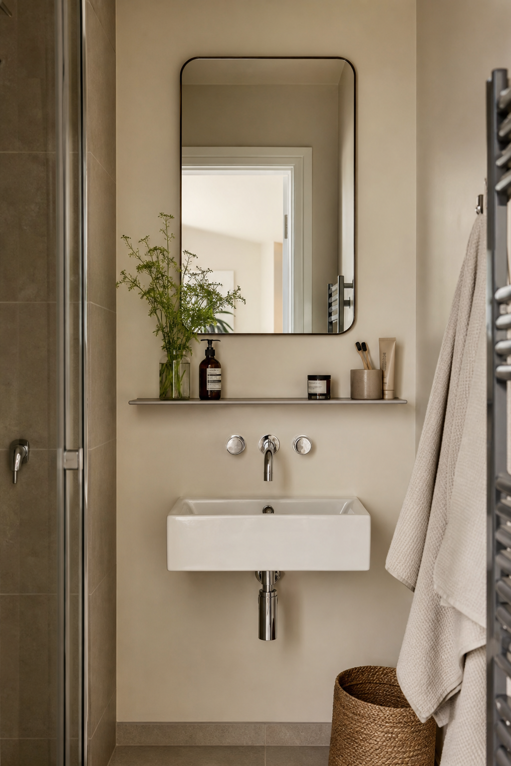 Small bathroom interior idea with use a slim shelf below the mirror