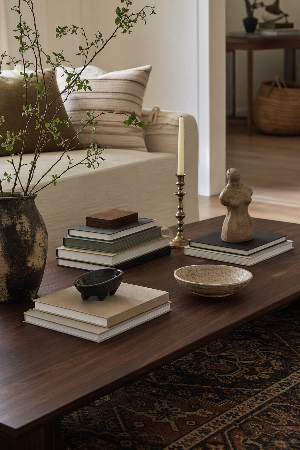 Blank books and objects styled on a low table
