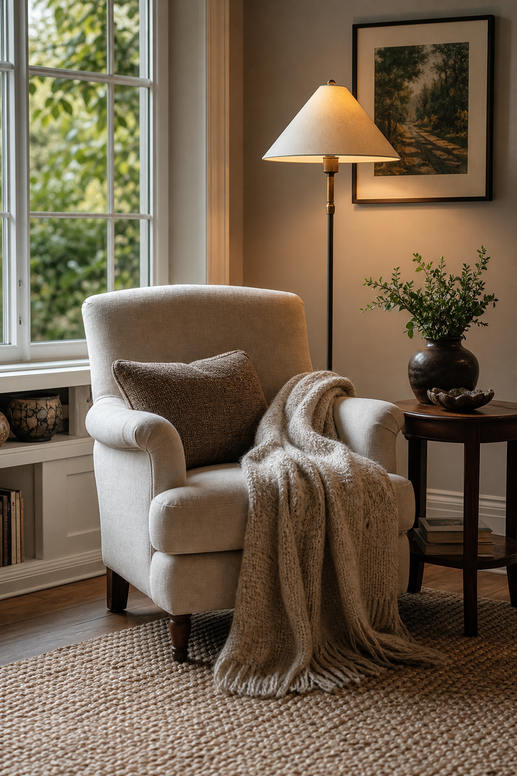 Cozy living room reading corner with chair lamp and side table