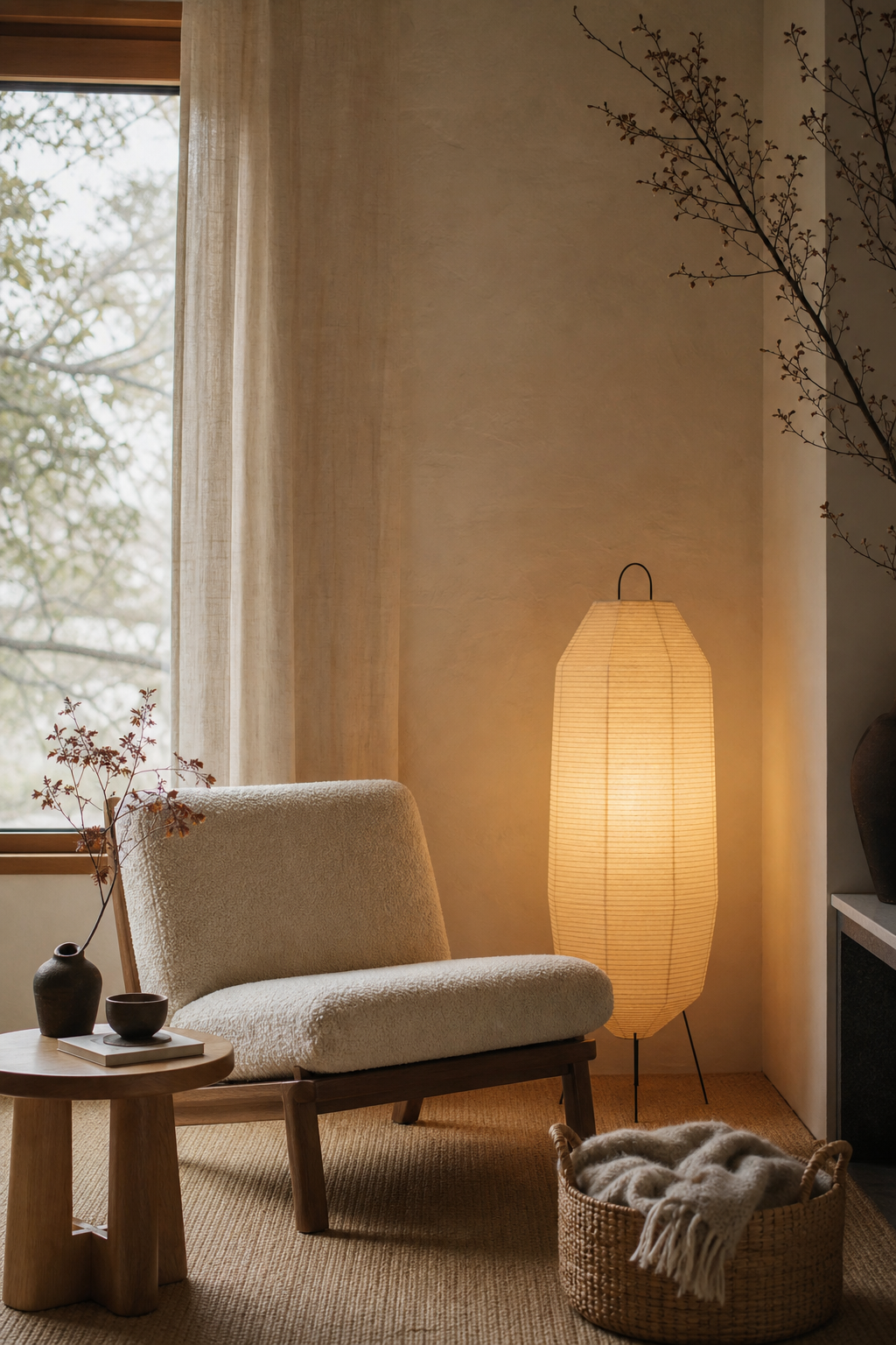 Japandi living room reading corner with low chair and paper lamp