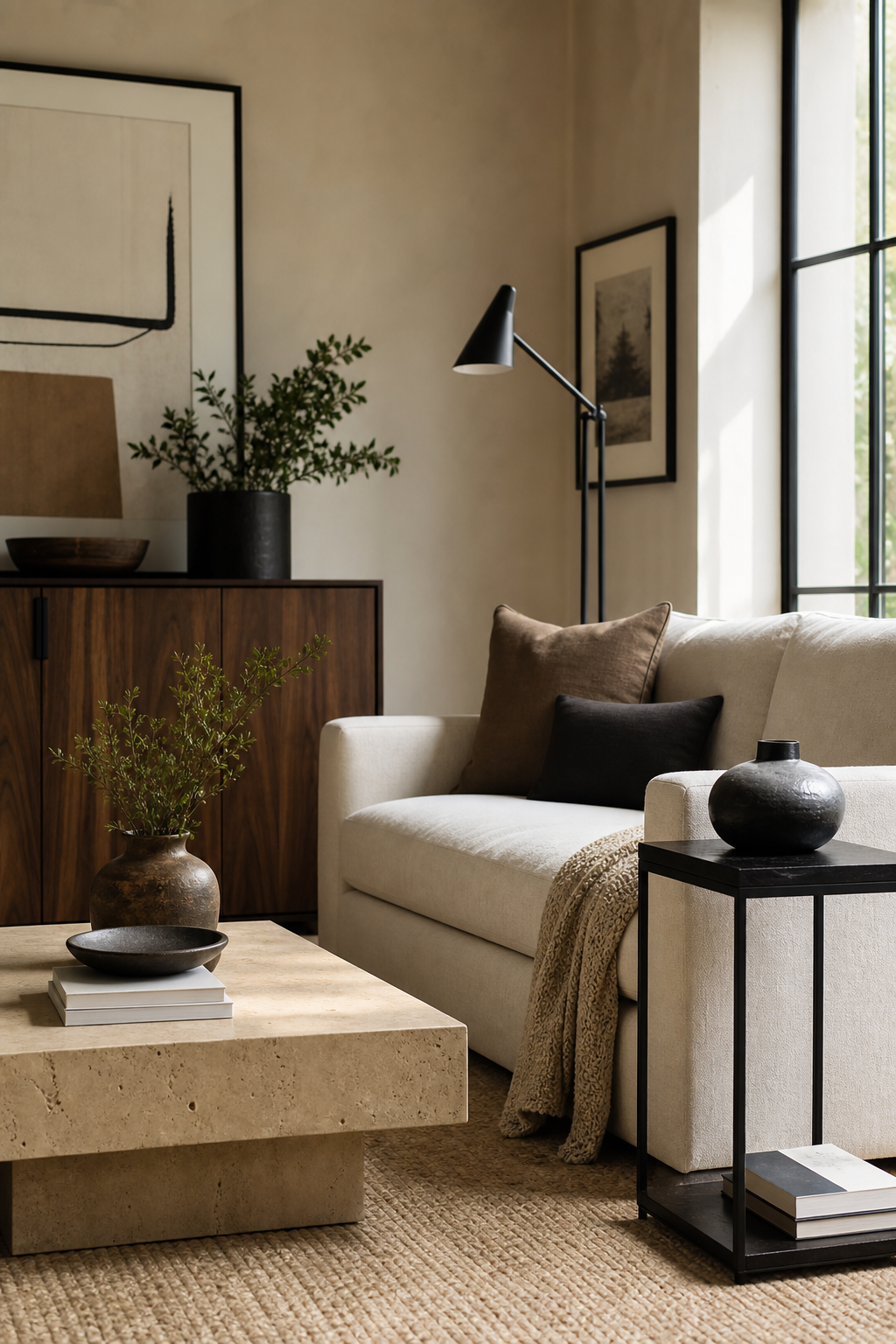 Contemporary living room with black metal accents, cream upholstery, and walnut furniture