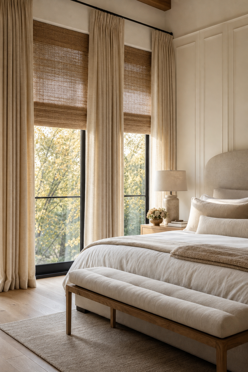 Luxury bedroom with layered linen drapes and woven roman shades