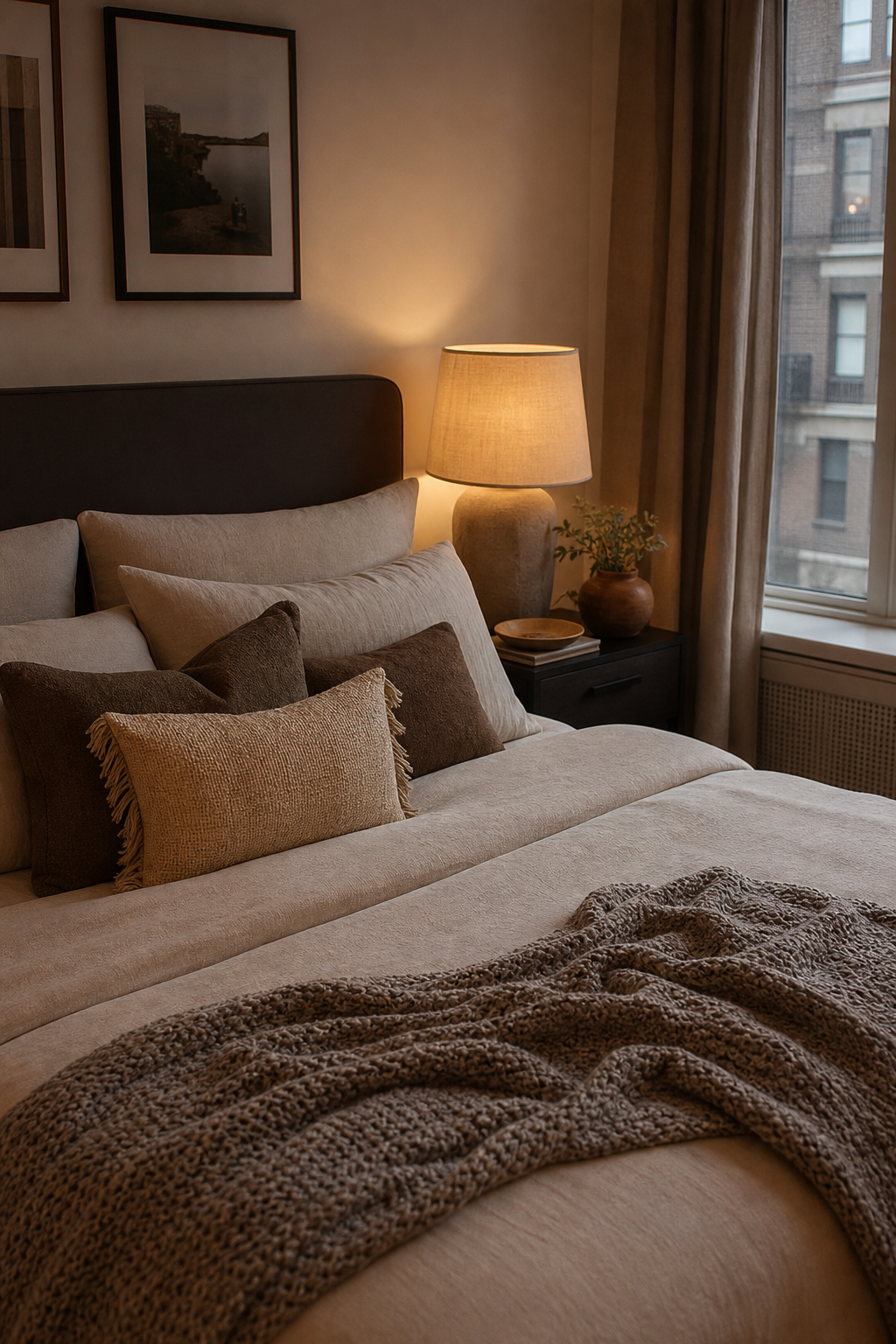 Warm apartment aesthetic idea with soften the bedroom with layered bedding