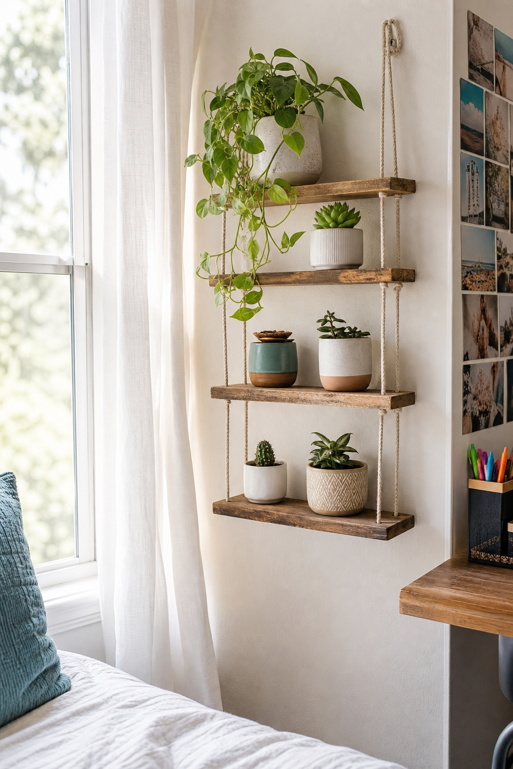 Teen bedroom mini plant shelf near a window