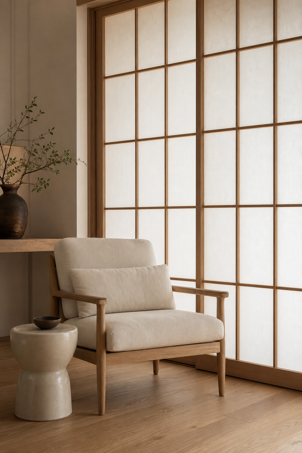 Japandi room with pale wood shoji inspired screen