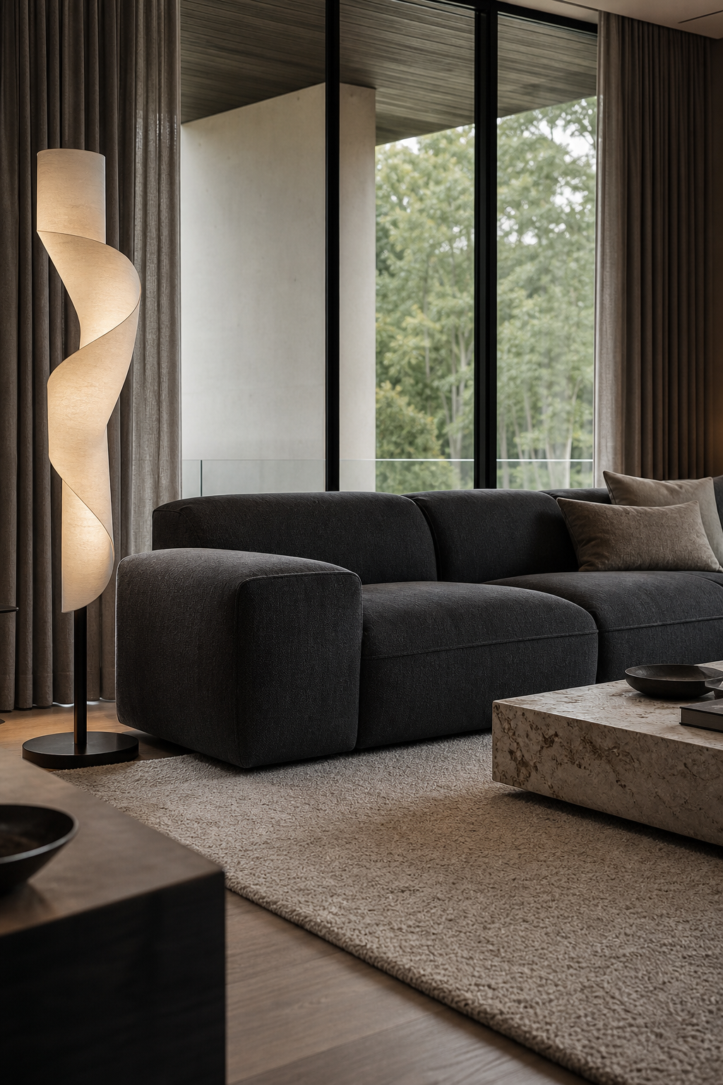 Dark grey couch styling idea with style it with a sculptural floor lamp