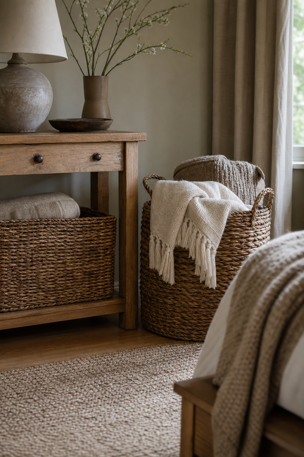 Woven baskets used for soft storage in a cozy Pinterest room