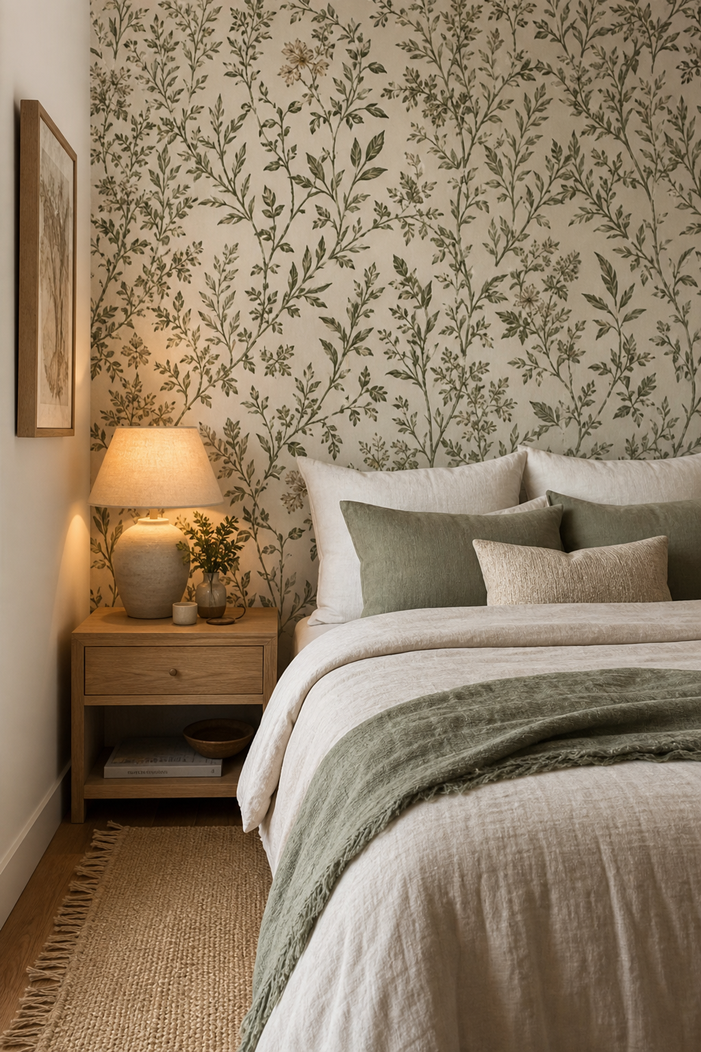 Rental bedroom with removable botanical wallpaper behind the bed