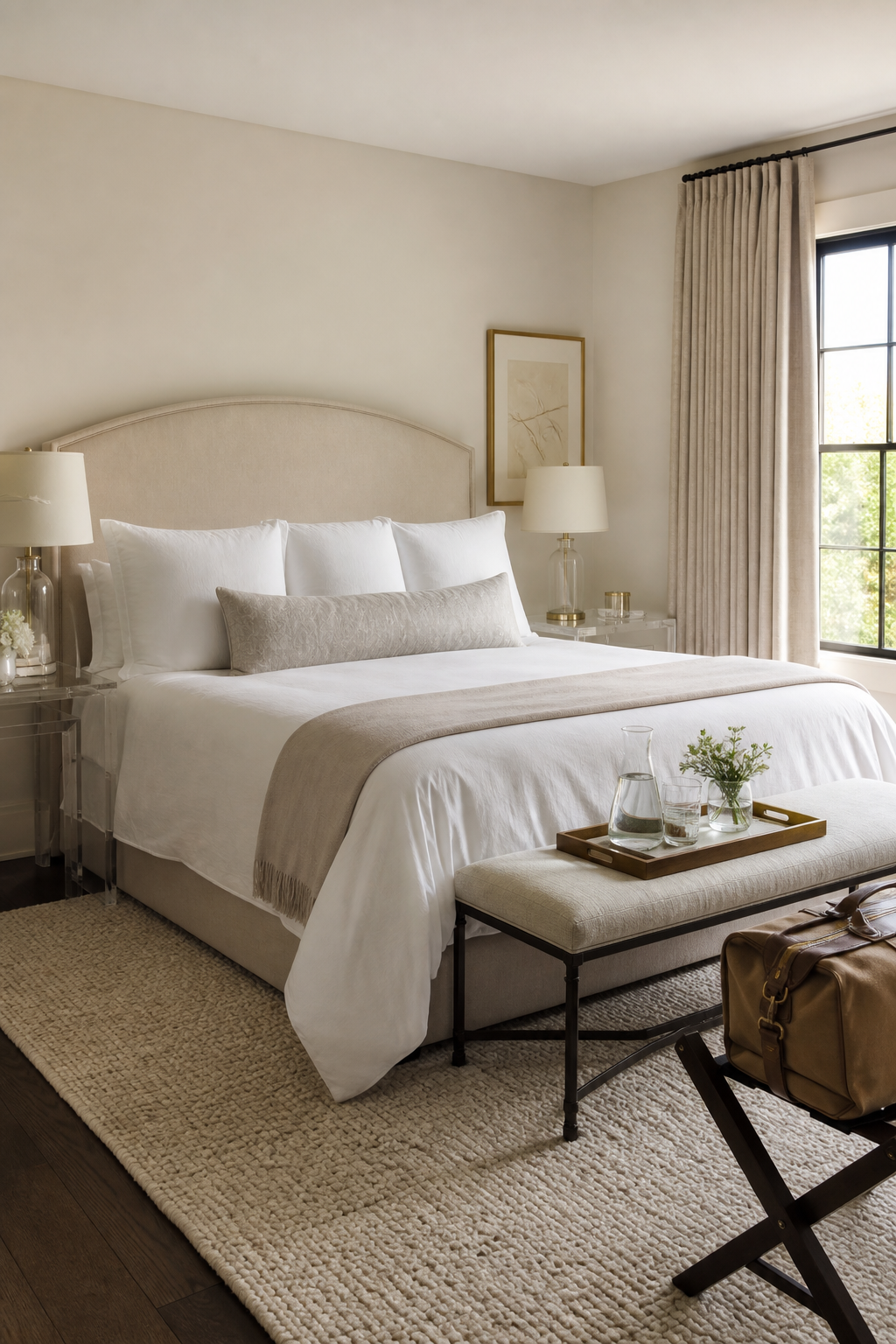 Calm guest bedroom with layered bedding, bench, lamps, and thoughtful tray