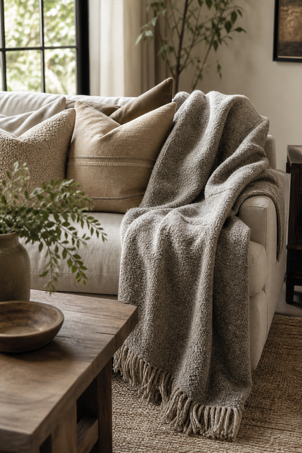 Cozy designer living room with textured wool throw draped on sofa, neutral pillows, wood coffee table, warm daylight