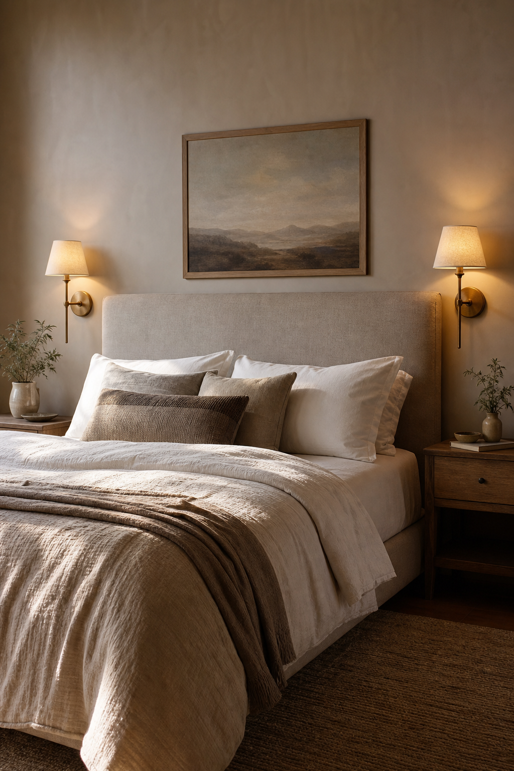 Cozy bedroom with brass wall sconces beside the bed