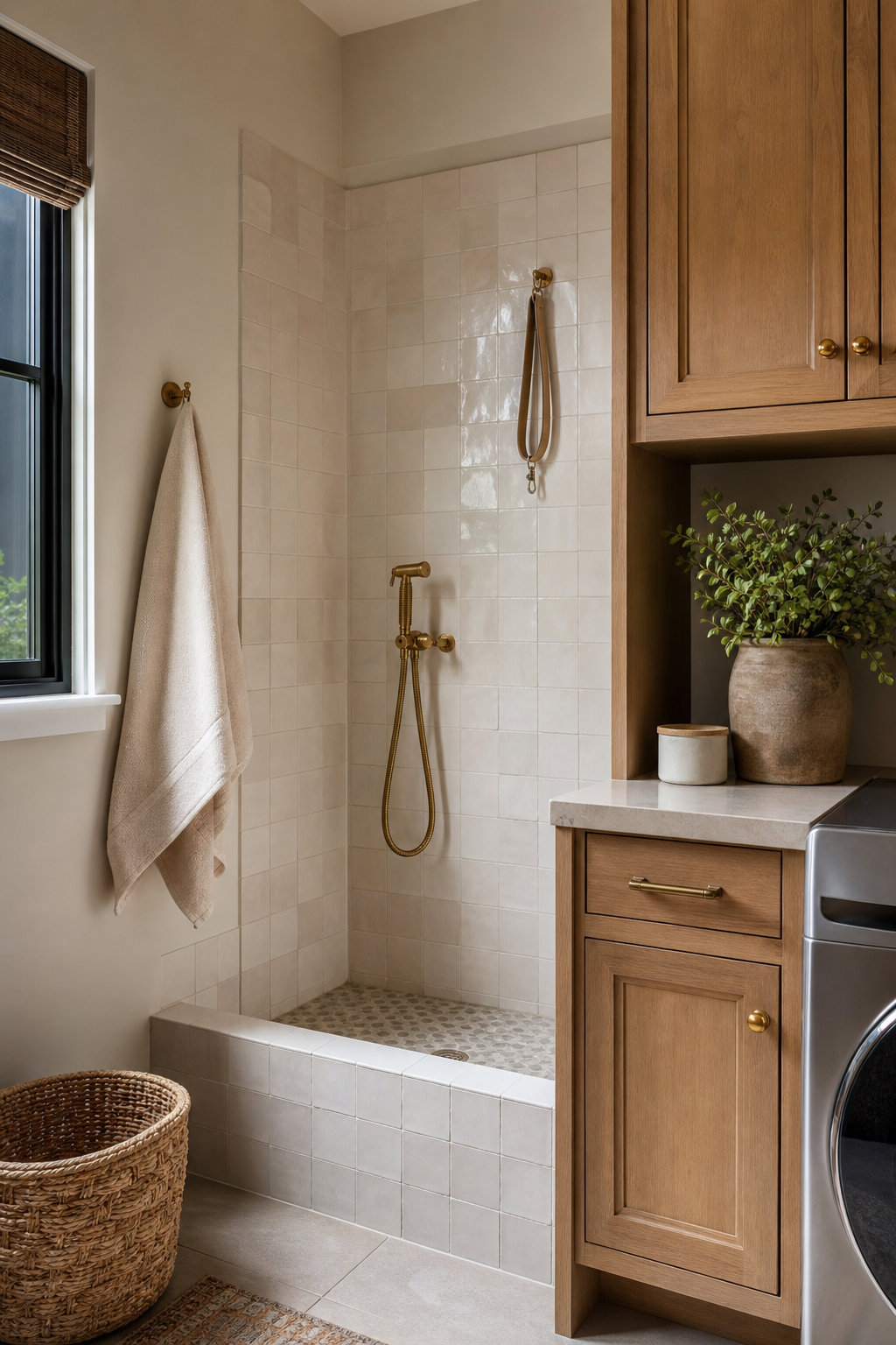 Laundry room pet wash corner with tile and towel hook