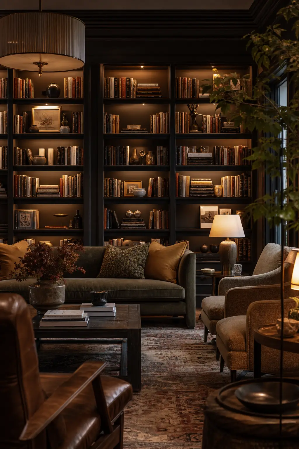 Add bookshelves for collected feeling in a cozy designer conversation room