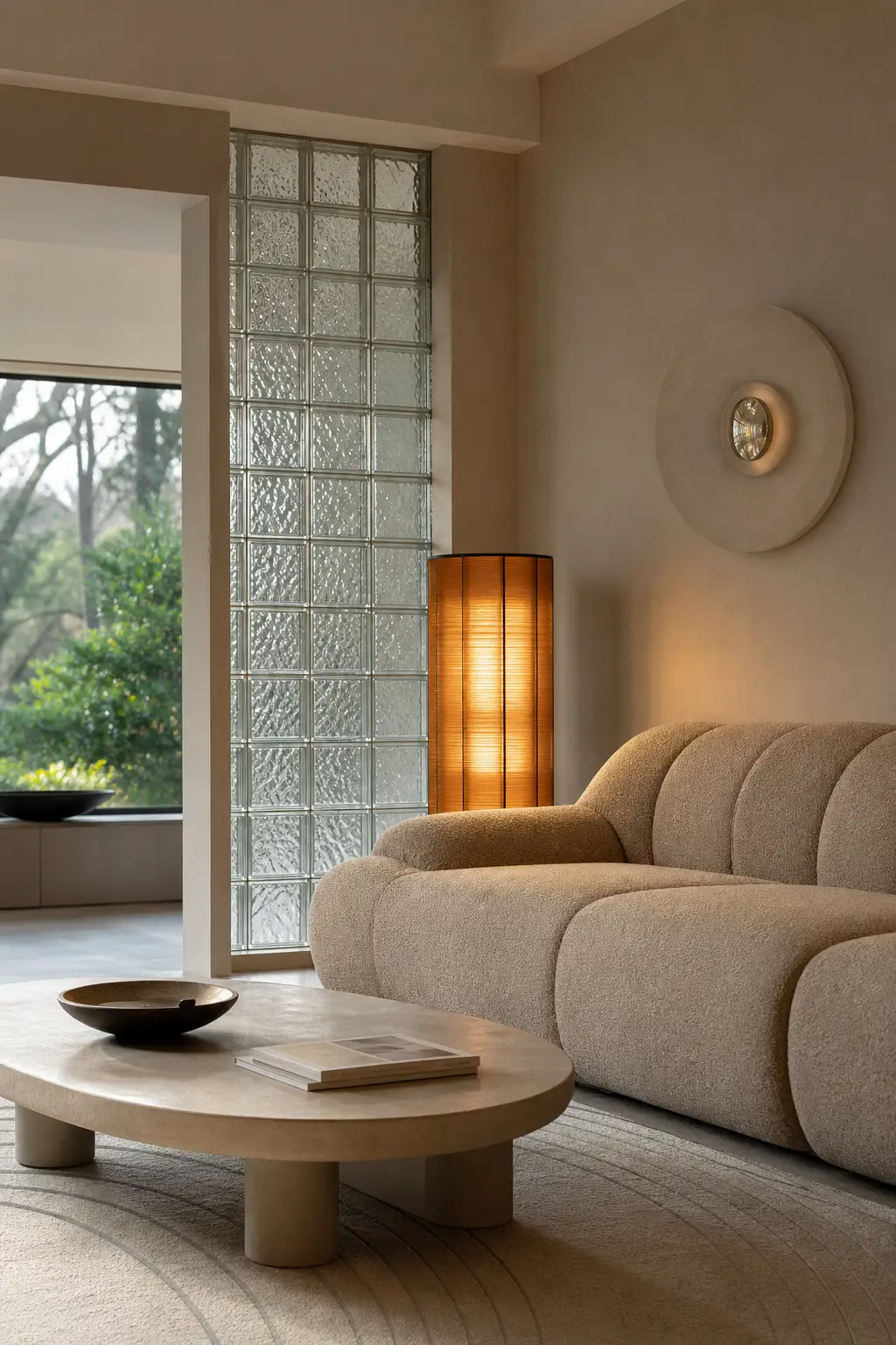 use a glass block moment in a cozy Y2K living room
