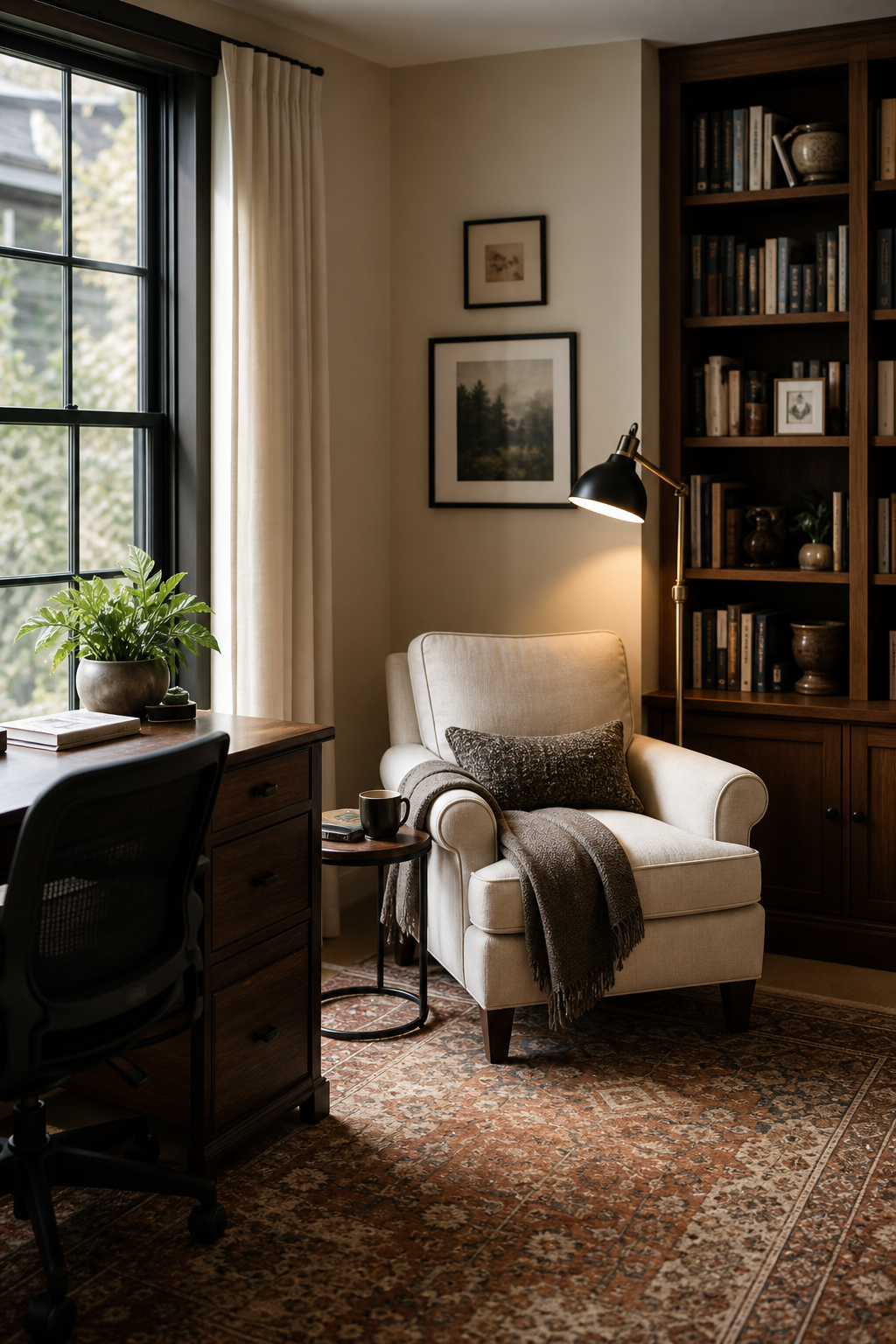 Cozy home office with reading chair, small side table, floor lamp, desk nearby, bookshelves, warm rug