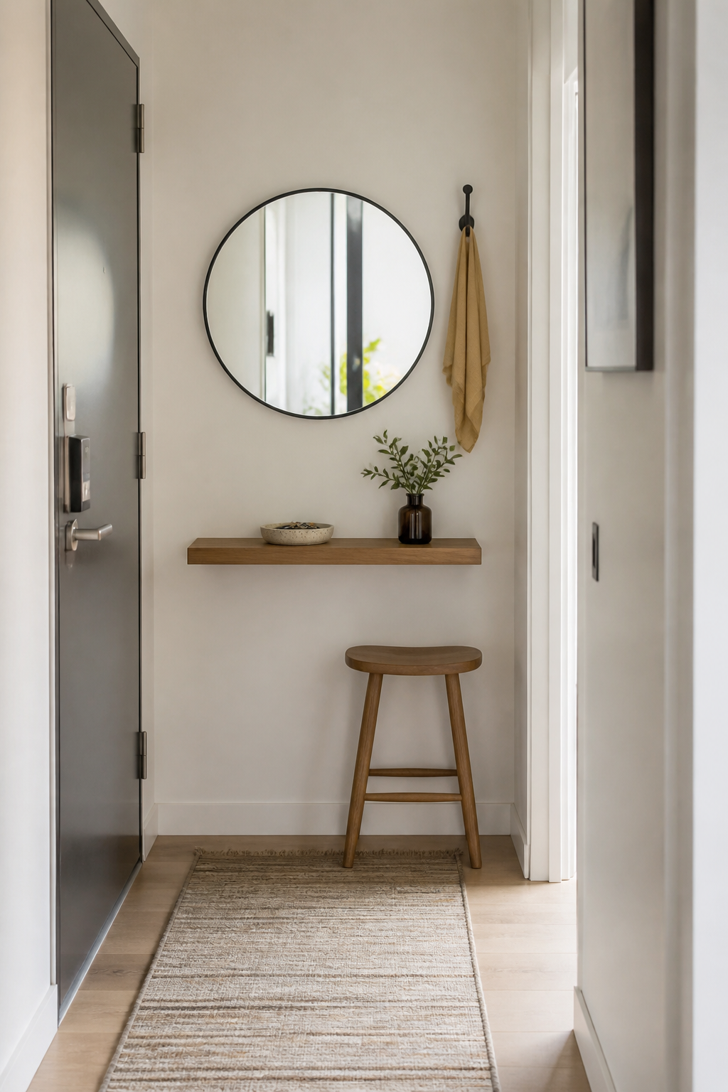 Small entryway with floating shelf mirror hook and key tray