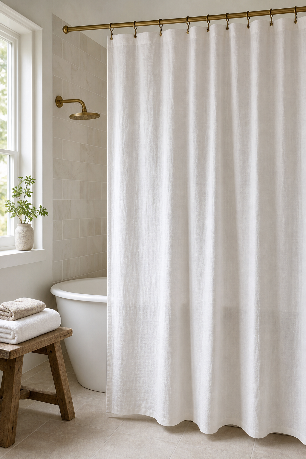 Bathroom bathtub with high hung white linen shower curtain