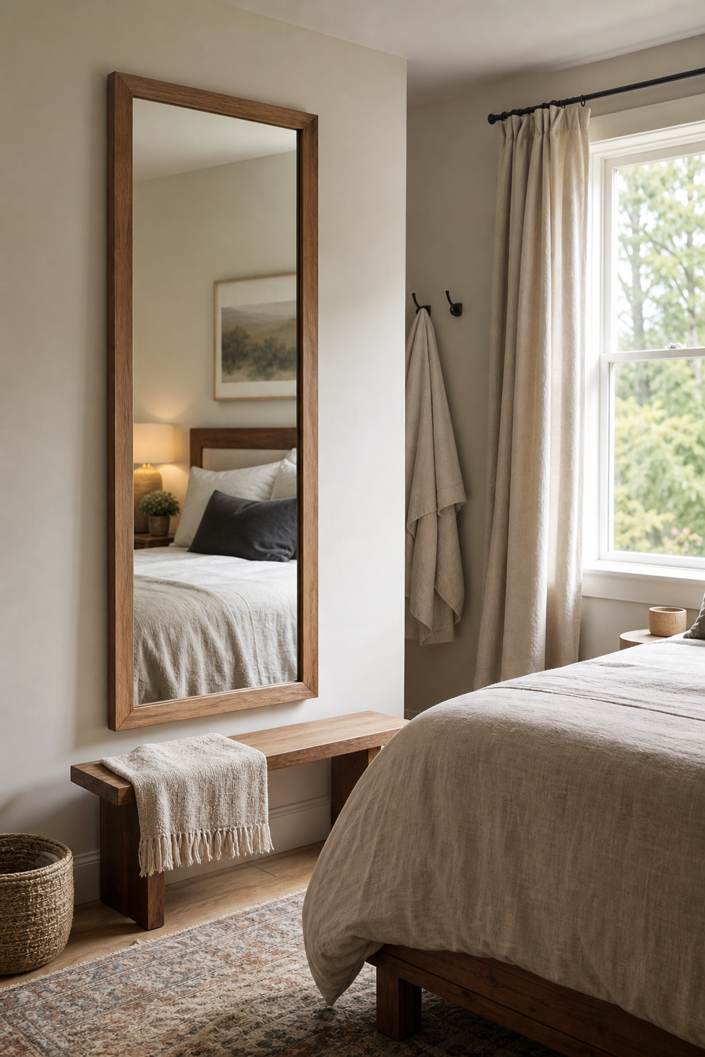 Guest bedroom with full-length mirror, wood frame, bench, linen bed, soft natural light